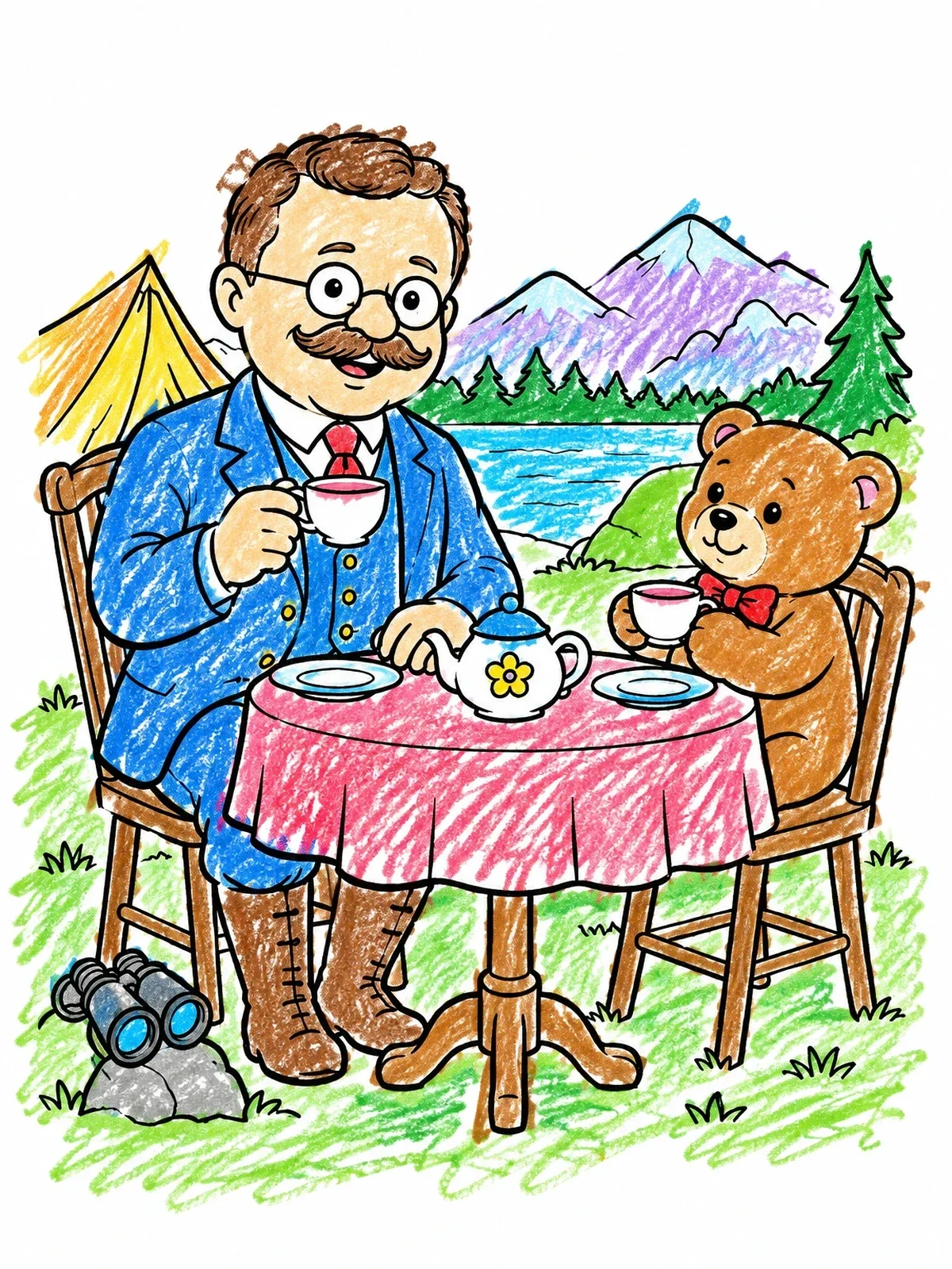 Colored example of the Teddy Roosevelt Tea Party With Bear coloring page