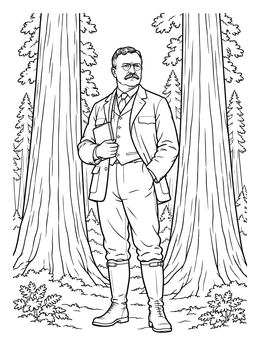A detailed teddy roosevelt coloring page showing the president with a book in a redwood forest.