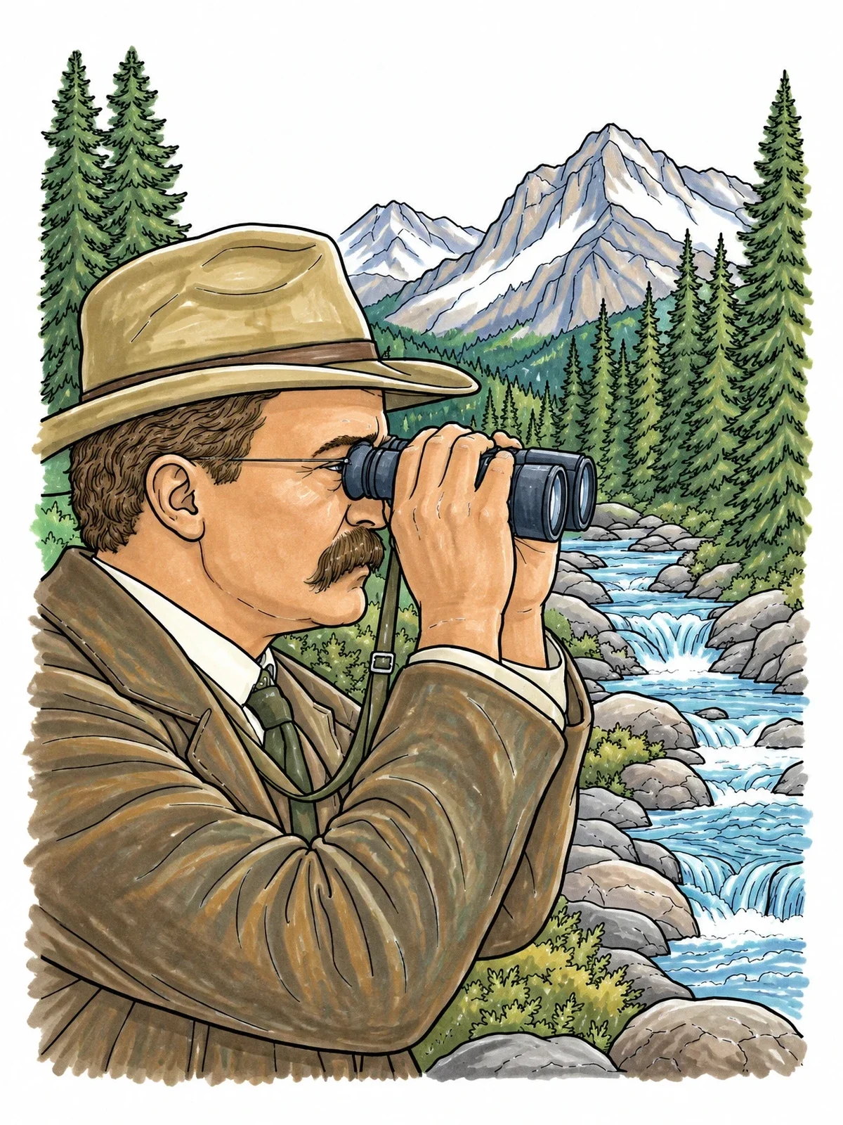 Colored example of the Theodore Roosevelt Birdwatching By A River coloring page