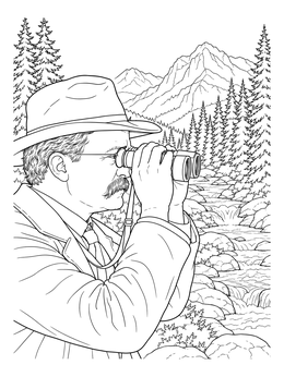 A detailed teddy roosevelt coloring page of the president birdwatching with binoculars near a mountain stream.