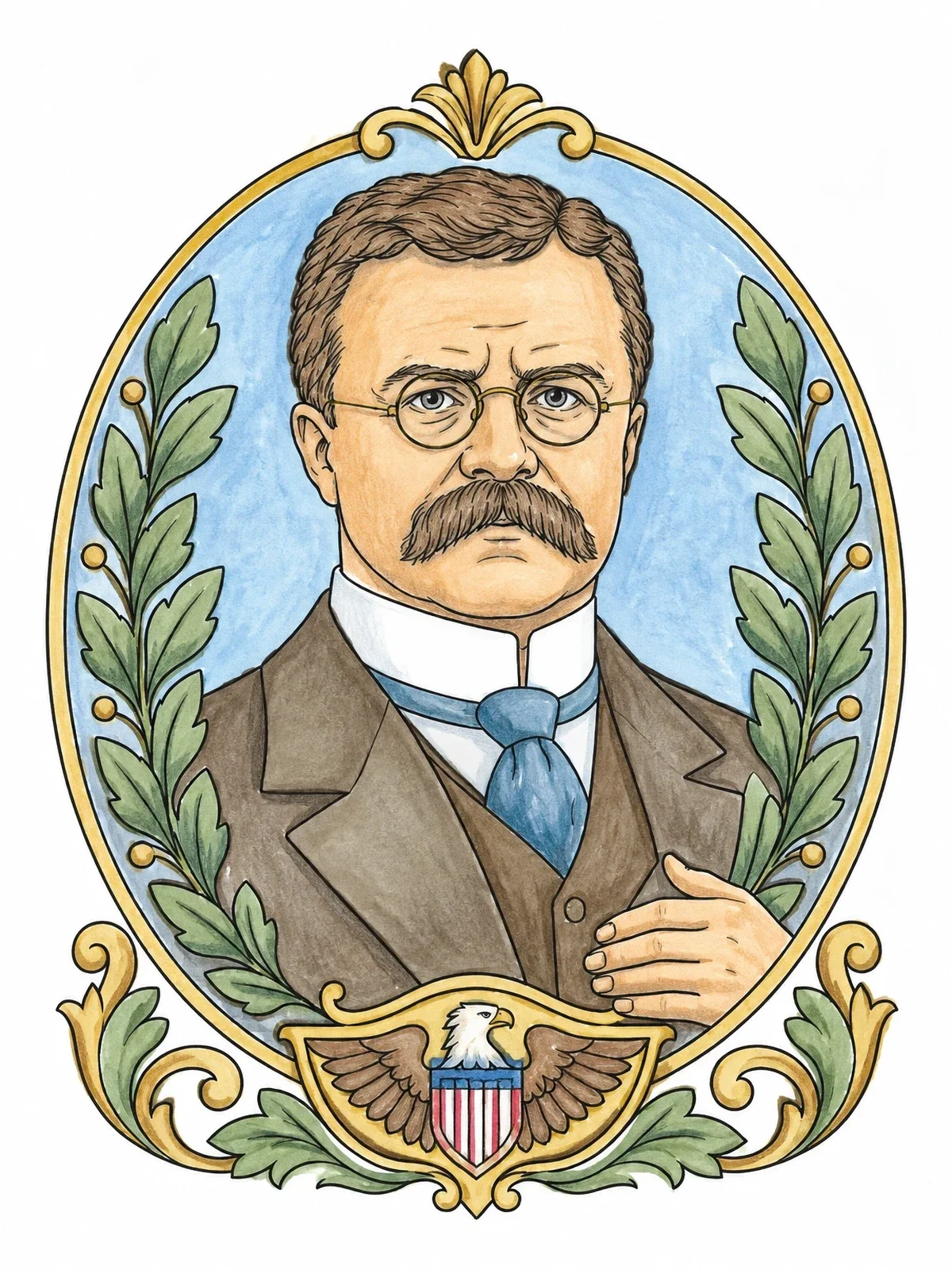 Colored example of the President Theodore Roosevelt Framed Bust Portrait coloring page