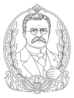 A detailed teddy roosevelt coloring page featuring the president inside an ornate laurel and eagle frame.