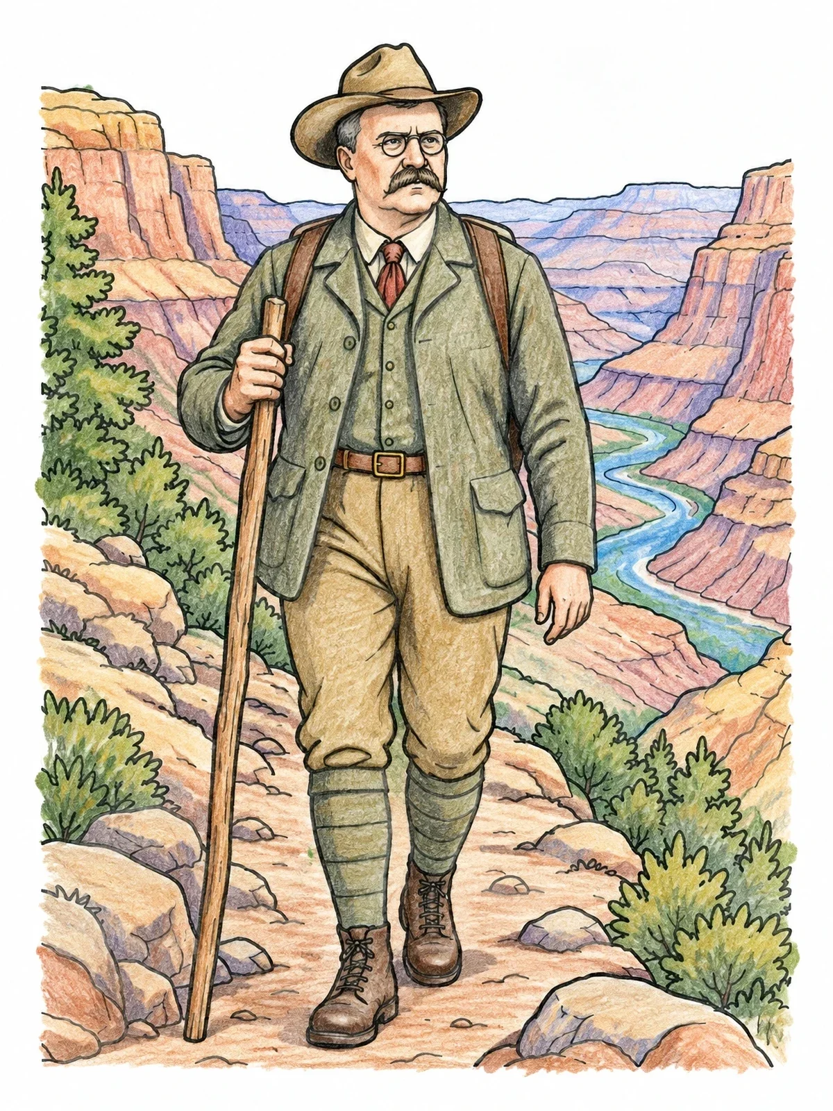 Colored example of the Theodore Roosevelt Hiking The Canyon coloring page