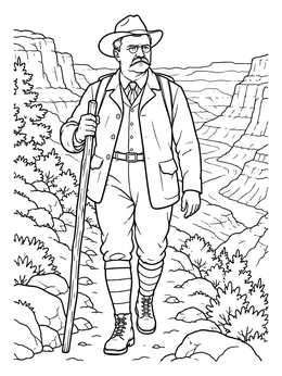 A detailed teddy roosevelt coloring page showing him hiking a scenic canyon path.