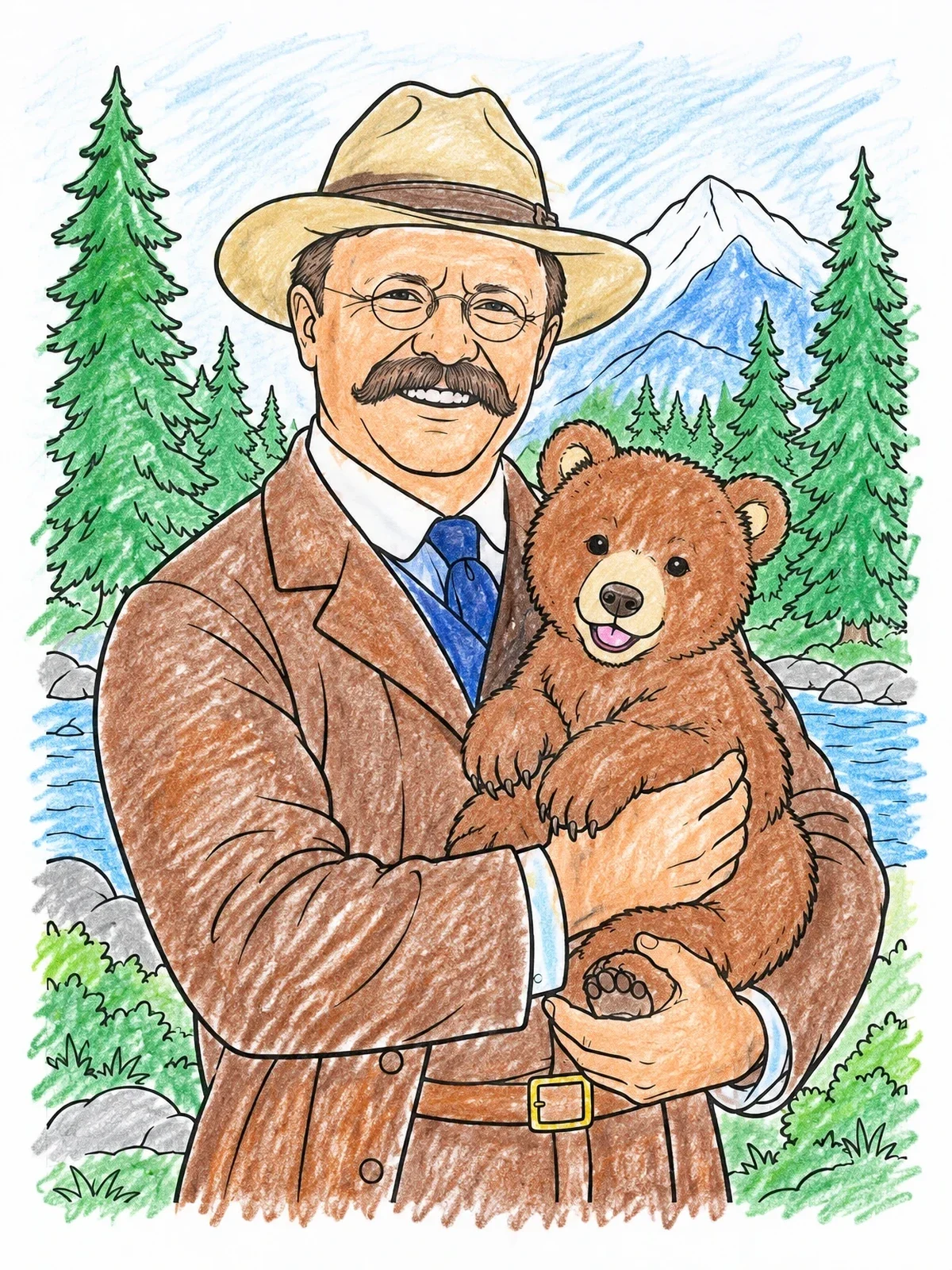 Colored example of the Theodore Roosevelt Holding A Bear Cub coloring page