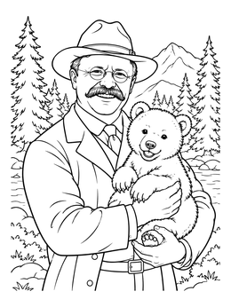 Free printable Theodore Roosevelt Holding A Bear Cub coloring page