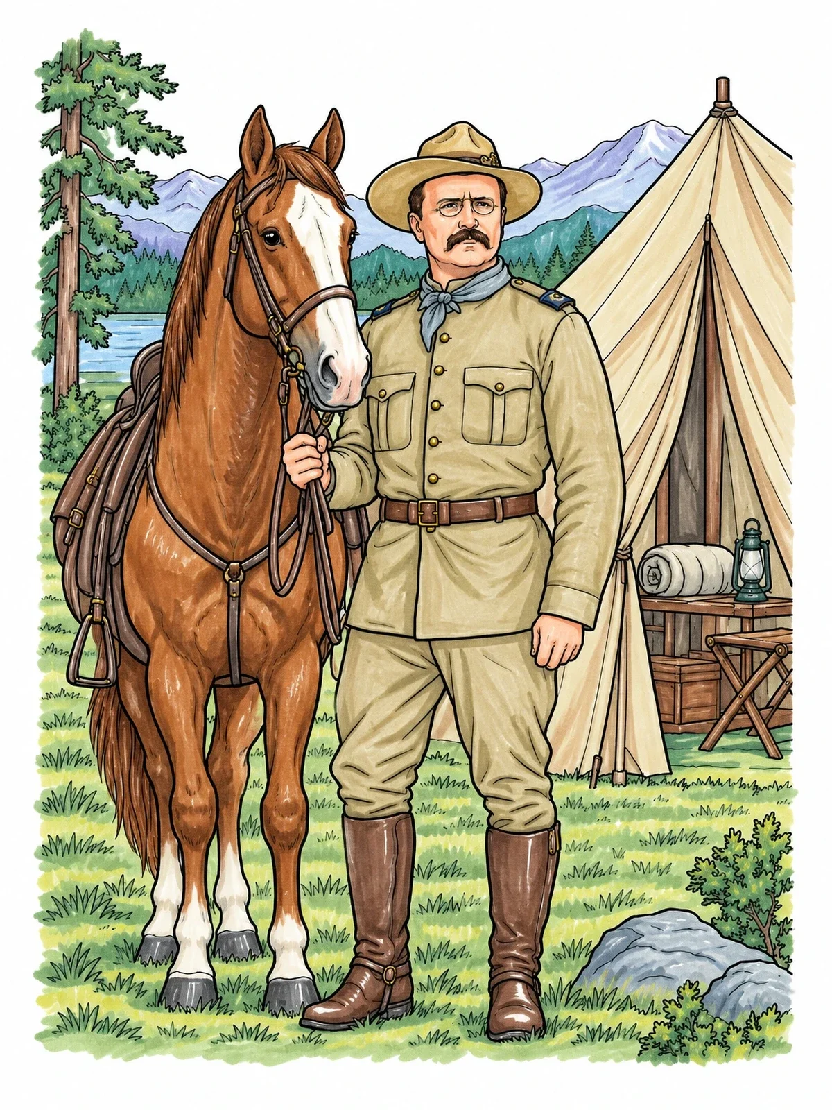 Colored example of the Theodore Roosevelt With Horse At Camp coloring page