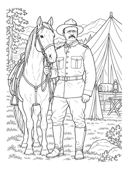 A detailed teddy roosevelt coloring page showing the Rough Rider holding his horse beside an outdoor tent.