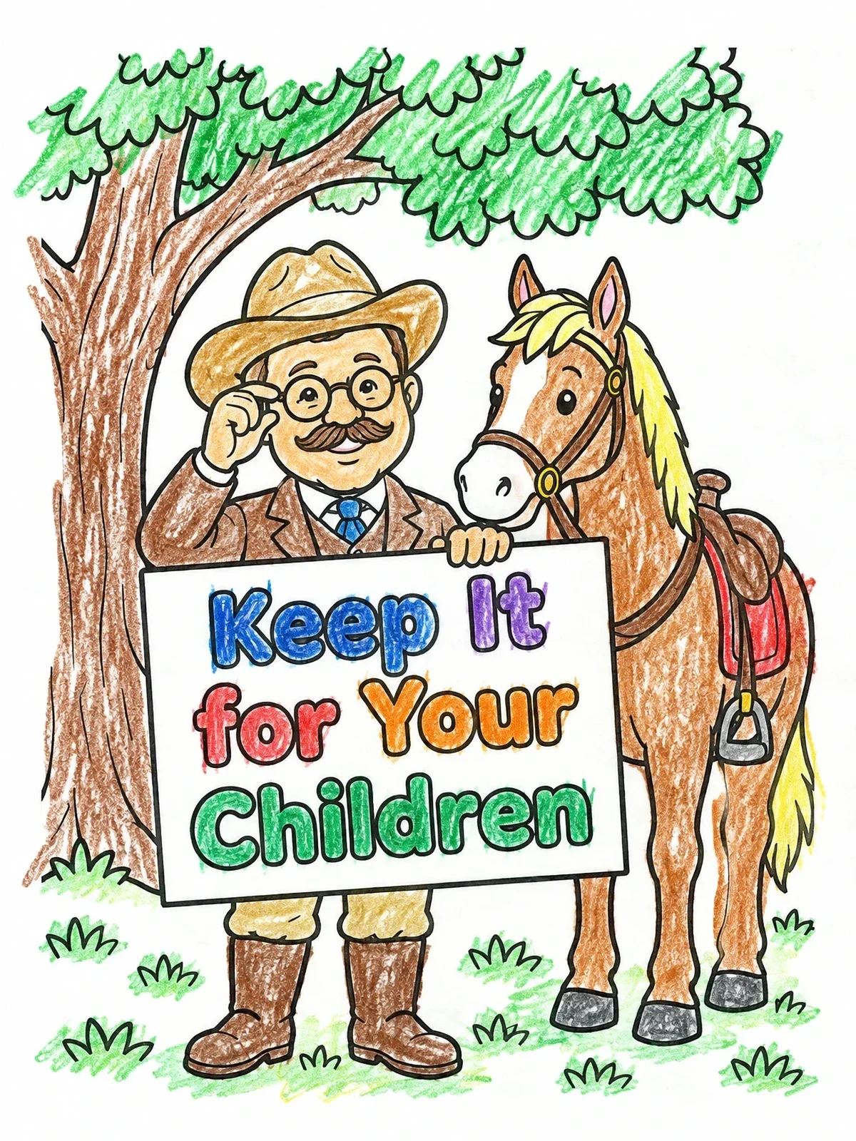 Colored example of the Theodore Roosevelt With Horse And Sign coloring page