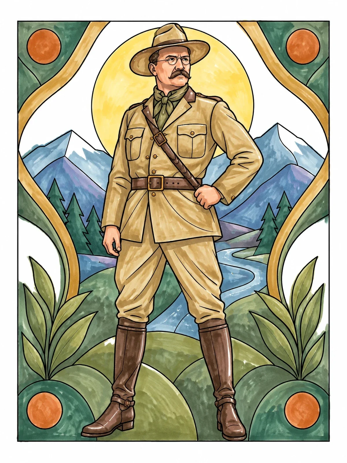 Colored example of the Theodore Roosevelt Outdoor Explorer coloring page
