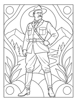 A detailed teddy roosevelt coloring page featuring the president standing in outdoor attire.