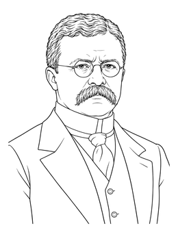 A detailed teddy roosevelt coloring page featuring the president with glasses and suit.