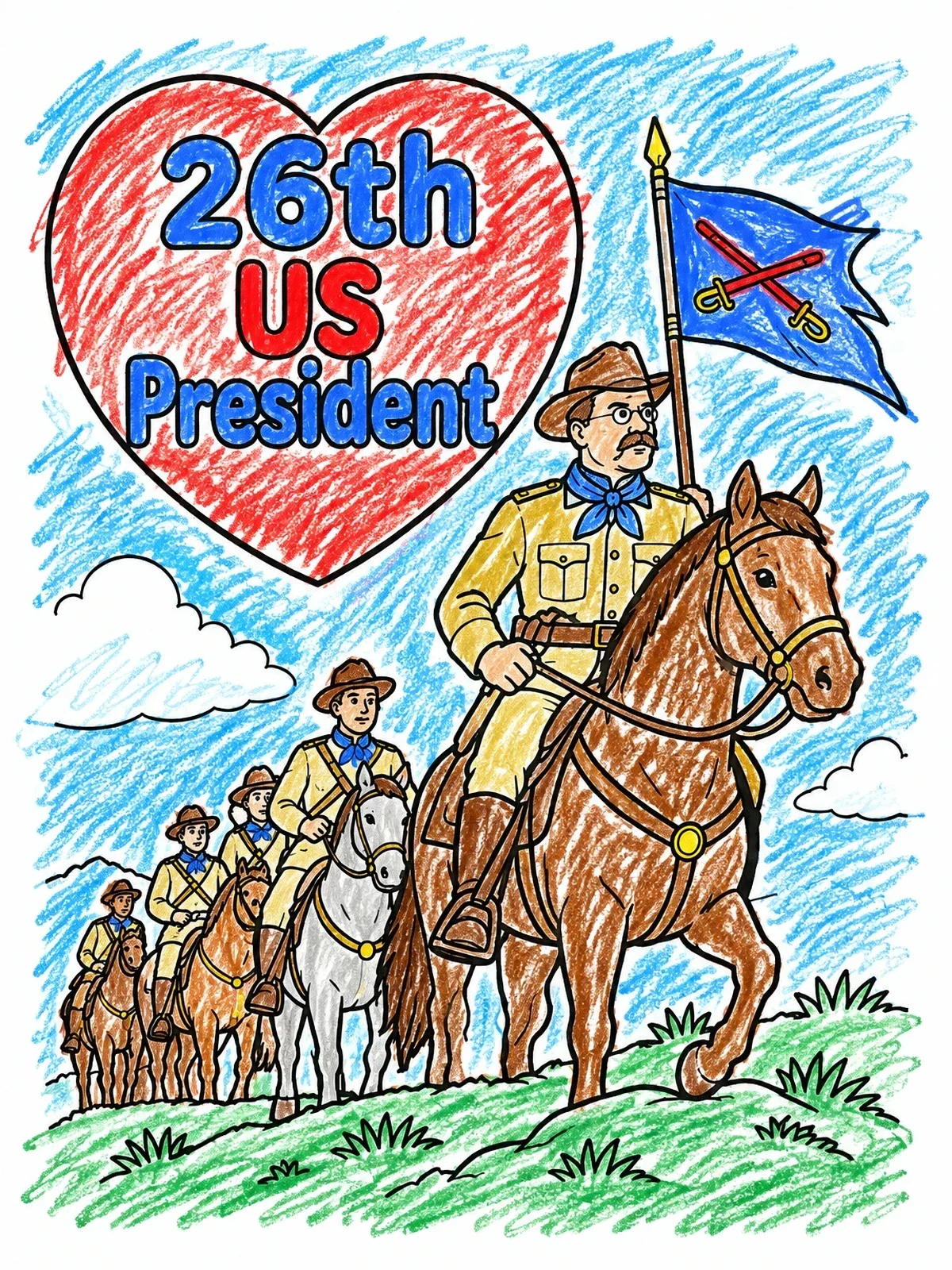 Colored example of the Theodore Roosevelt Leading The Rough Riders coloring page