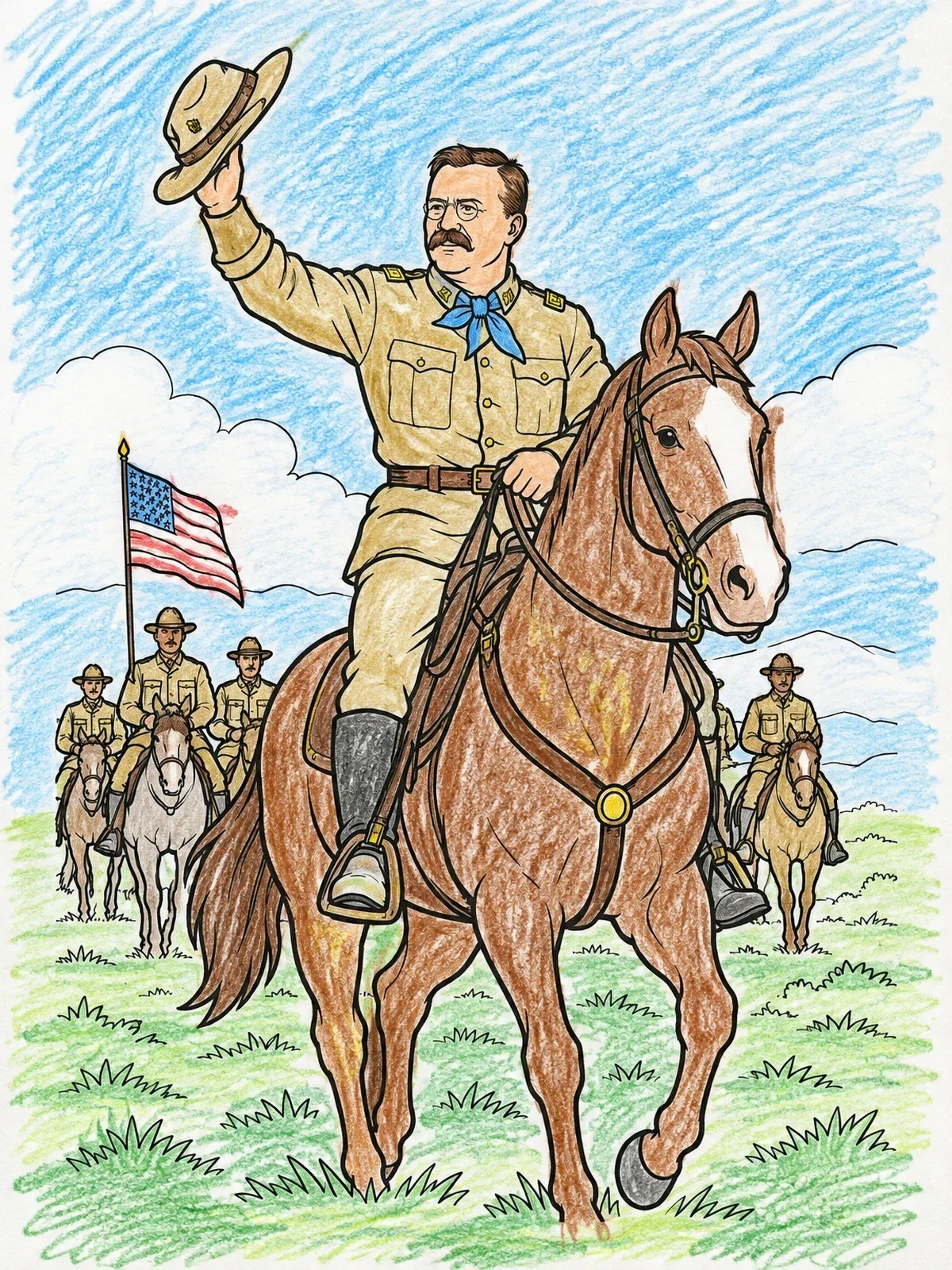 Colored example of the Theodore Roosevelt Leading The Rough Riders coloring page