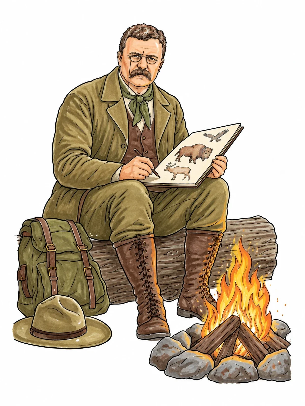 Colored example of the Theodore Roosevelt Sketching By Campfire coloring page