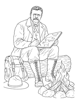 A detailed teddy roosevelt coloring page of the president sketching wildlife by a campfire.