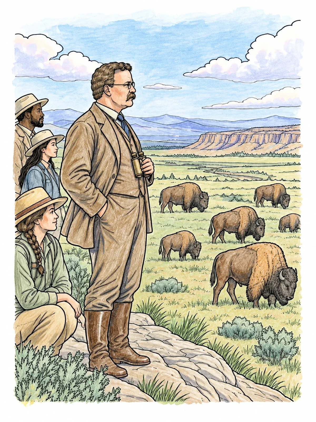 Colored example of the Theodore Roosevelt Watching Bison Herd coloring page