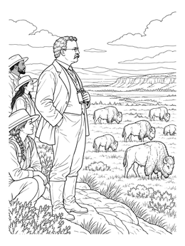 A detailed teddy roosevelt coloring page showing the president observing wild bison in the prairie.