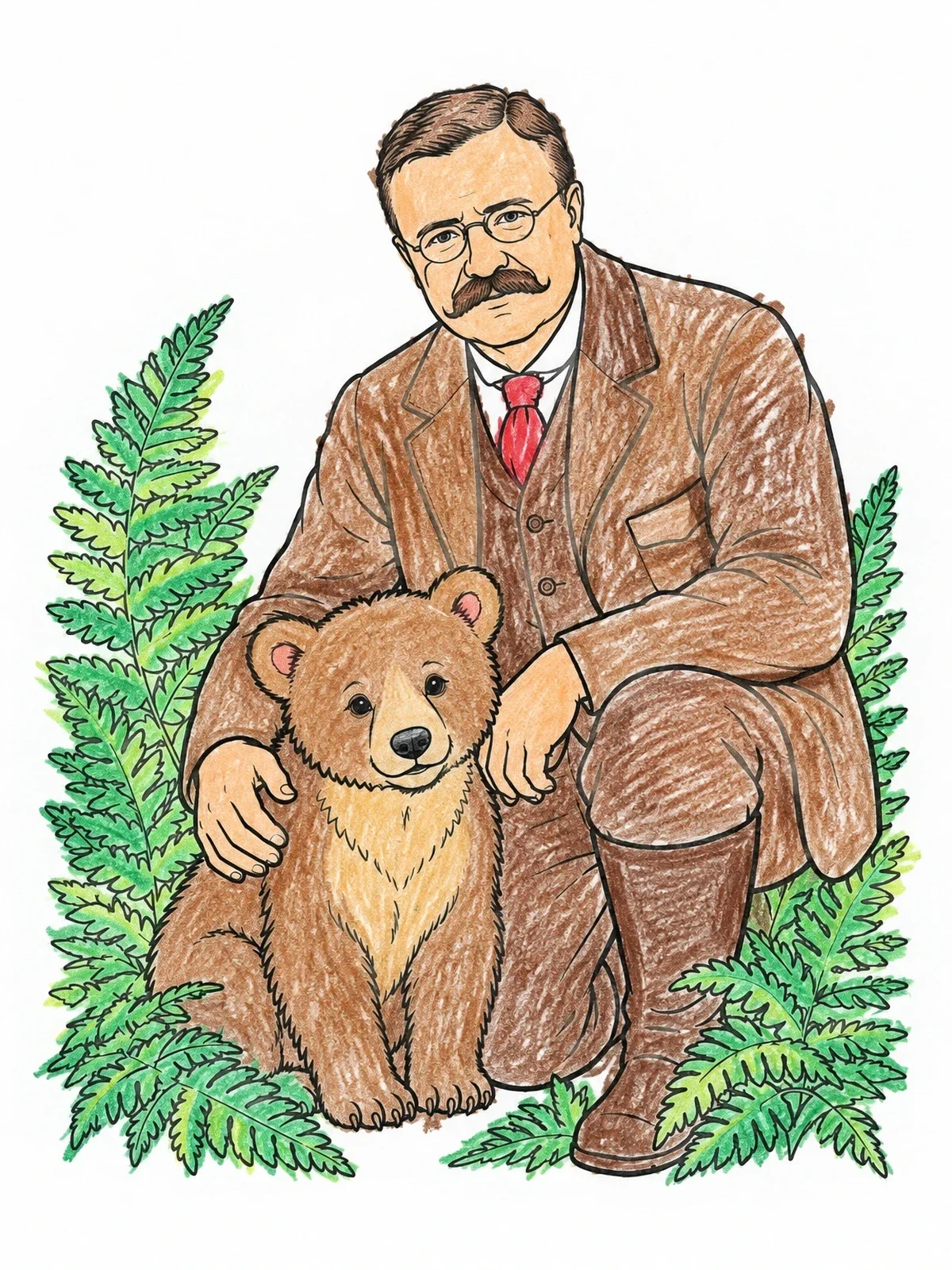 Colored example of the Theodore Roosevelt With Bear Cub coloring page