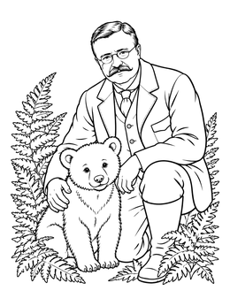 Detailed teddy roosevelt coloring page showing the president kneeling beside an adorable bear cub in ferns.