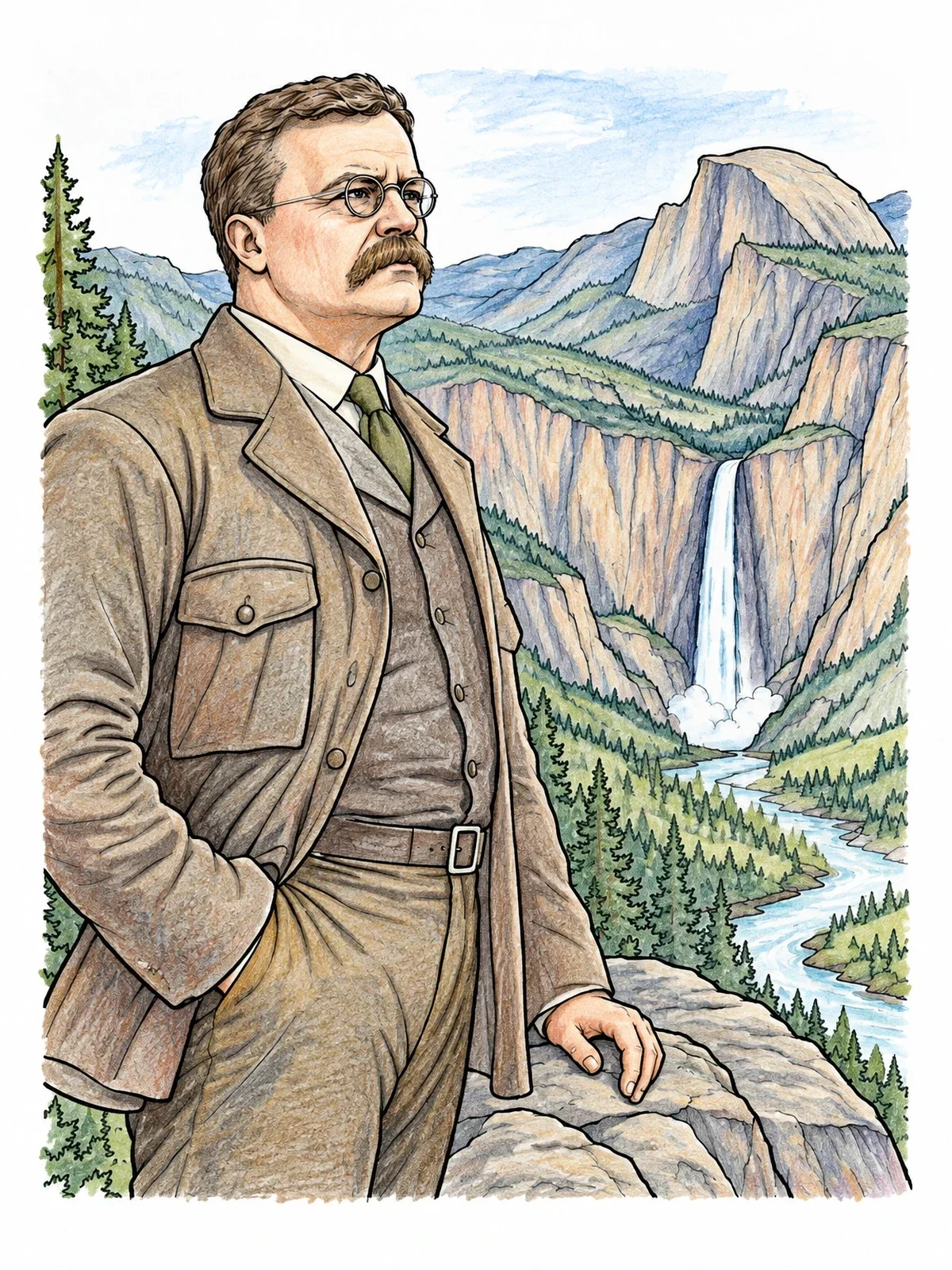 Colored example of the Theodore Roosevelt Overlooking Yosemite Valley coloring page