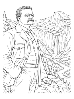 A detailed teddy roosevelt coloring page showing the president overlooking a scenic mountain waterfall.