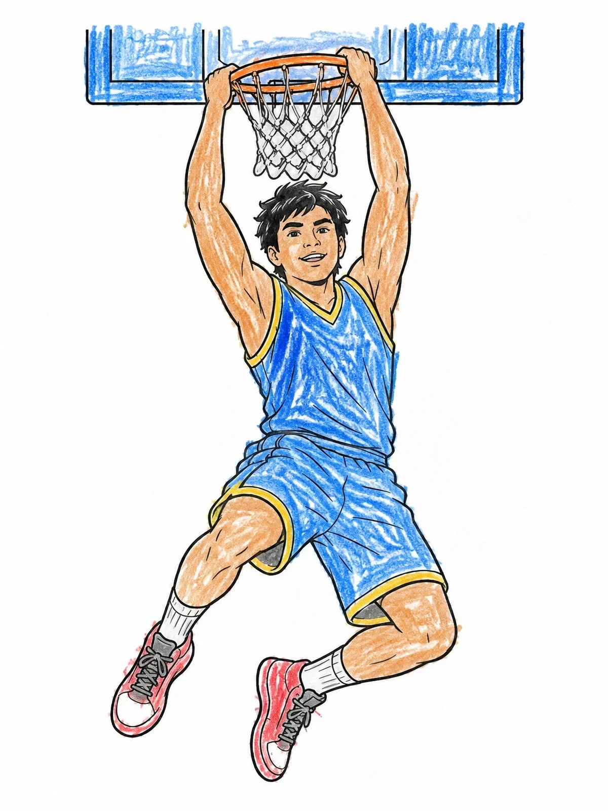 Colored example of the Teen Basketball Player Hanging On Rim coloring page