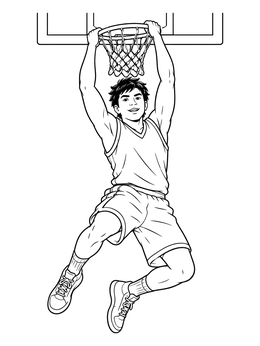 A teen athlete dunks on this basketball hoop coloring page.