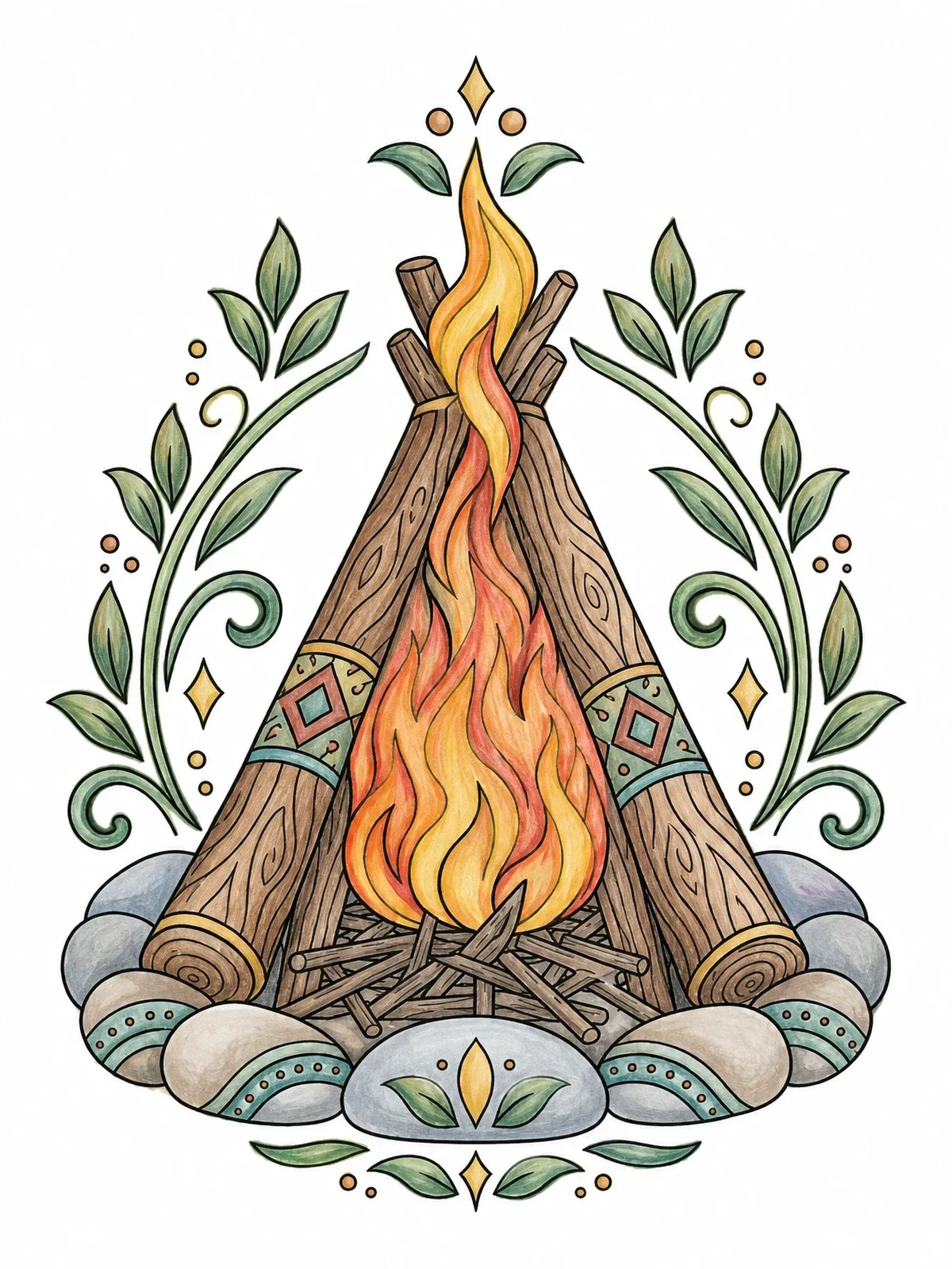 Colored example of the Teepee Campfire With Decorative Details coloring page