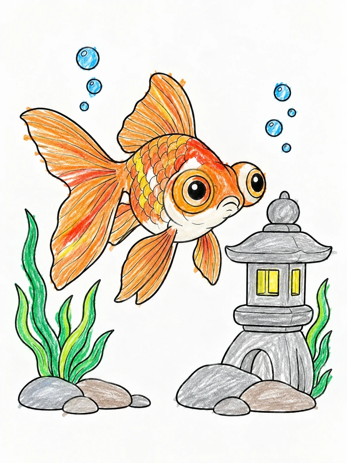 Colored example of the Telescope Goldfish With Stone Lantern coloring page