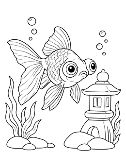 A telescope goldfish swimming near a lantern on this goldfish coloring page.