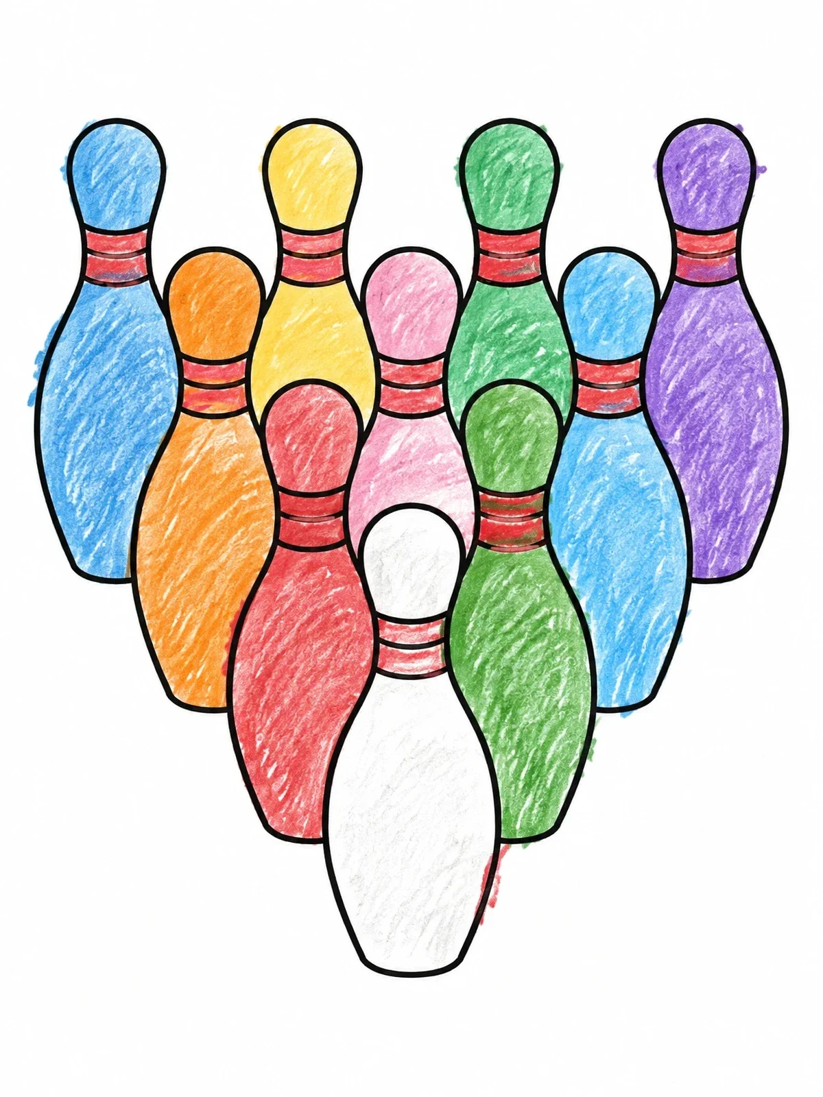 Colored example of the Ten Bowling Pins Triangle Formation coloring page