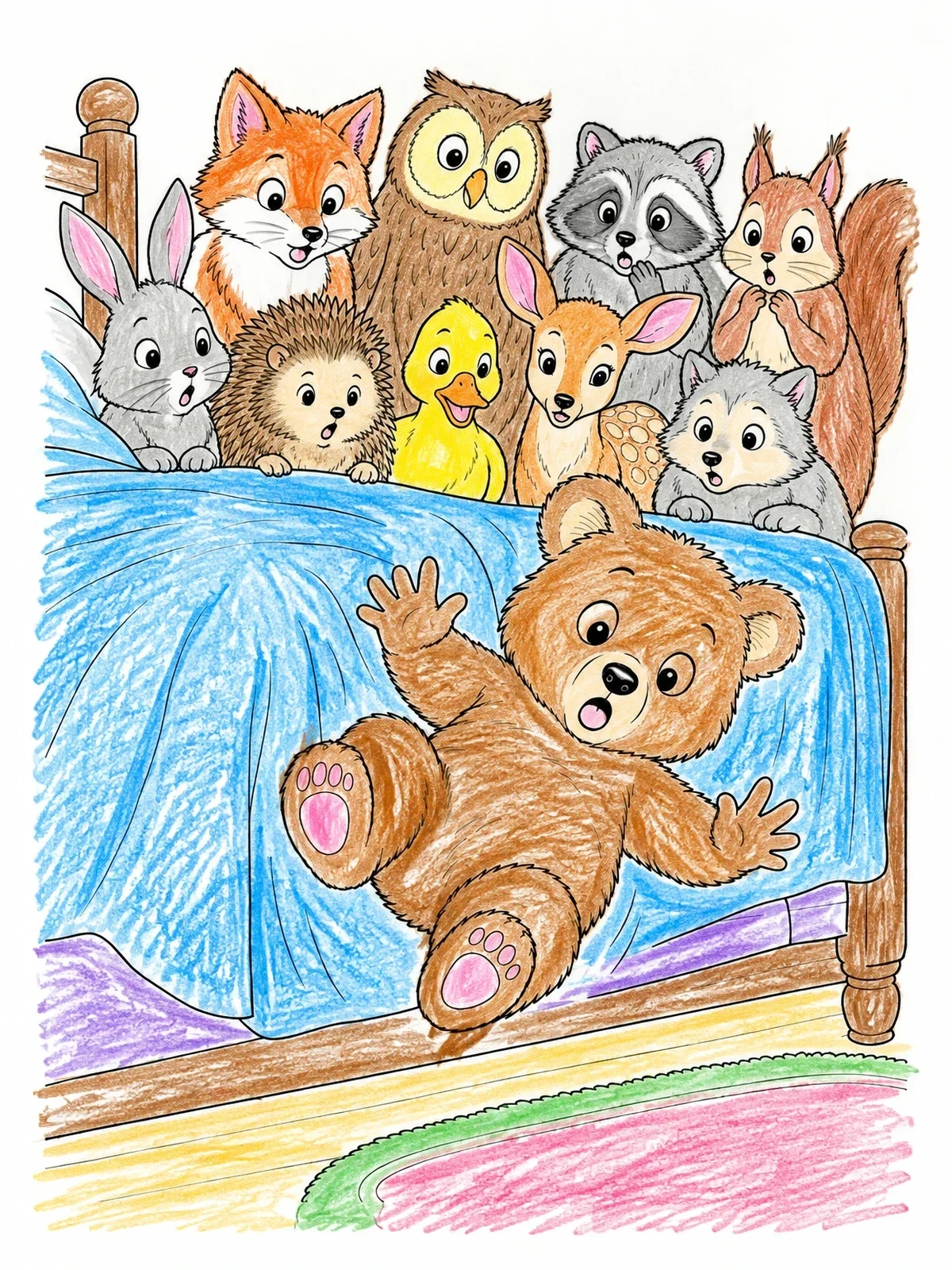 Colored example of the Ten In The Bed Animal Friends coloring page