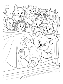 A cute bear rolls off a mattress surrounded by surprised woodland animals in this bed coloring page.