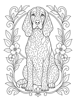 A regal Bluetick Coonhound framed by floral flourishes on a tennessee coloring page.