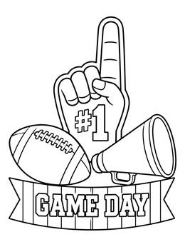 A foam finger, football, and megaphone in this game day tennessee coloring page.