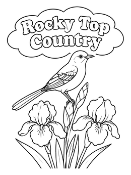 Free printable Tennessee Mockingbird And Iris Flowers coloring page