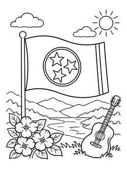 Free printable Tennessee Flag With Guitar And Mountains coloring page