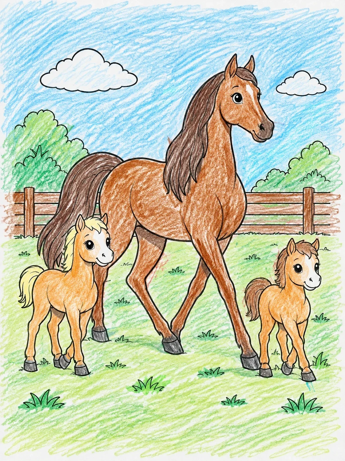 Colored example of the Tennessee Walking Horse With Foals coloring page
