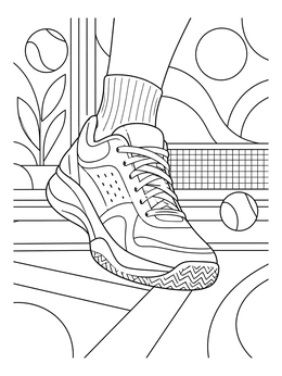A dynamic tennis coloring page showing a player's sneaker stepping onto the court line near a tennis net.
