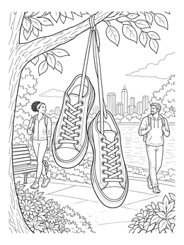 A detailed tennis coloring page of sneakers dangling from a tree branch in a city park.
