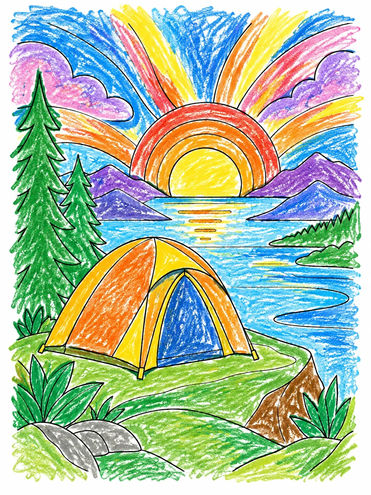 Colored example of the Tent Camping By The Lake At Sunset coloring page