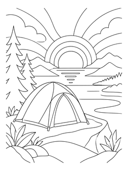 Free printable Tent Camping By The Lake At Sunset coloring page