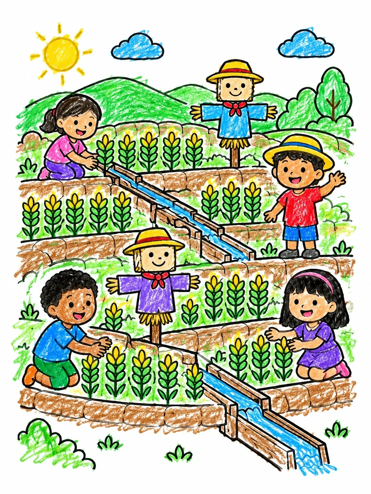 Colored example of the Terraced Farm With Scarecrows And Kids coloring page