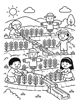 Free printable Terraced Farm With Scarecrows And Kids coloring page