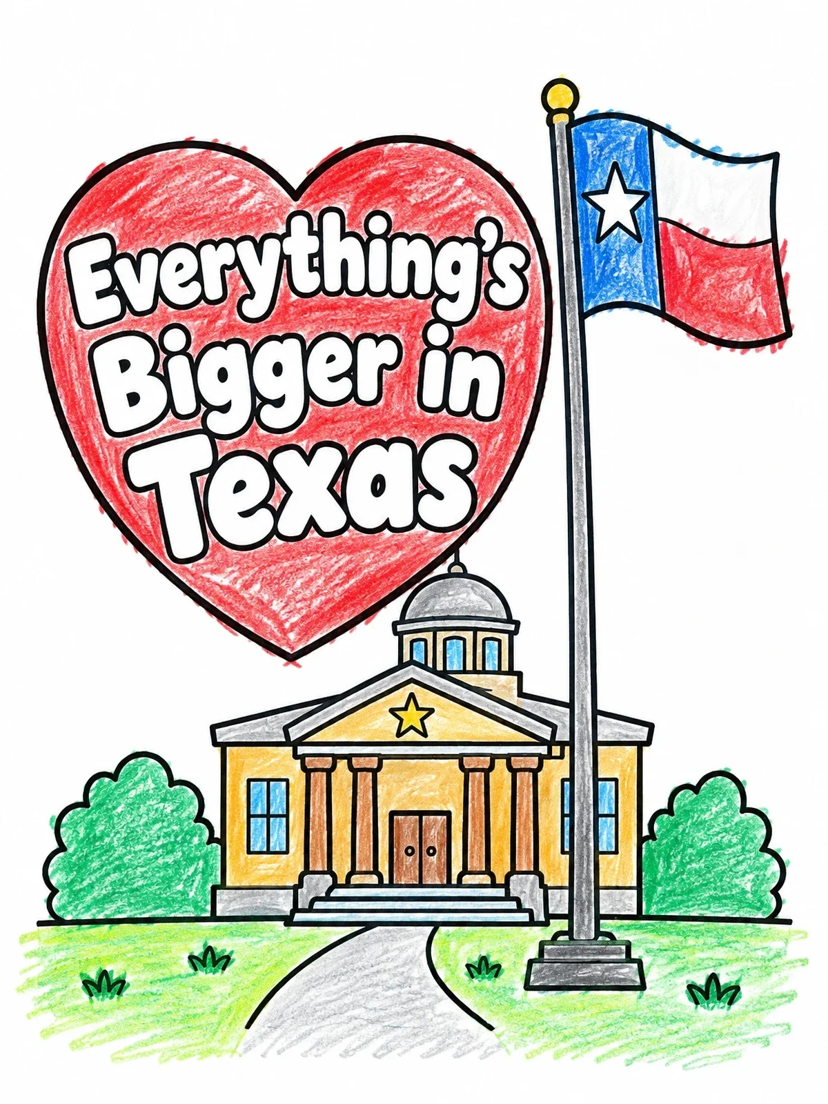 Colored example of the Texas Courthouse And State Flag coloring page