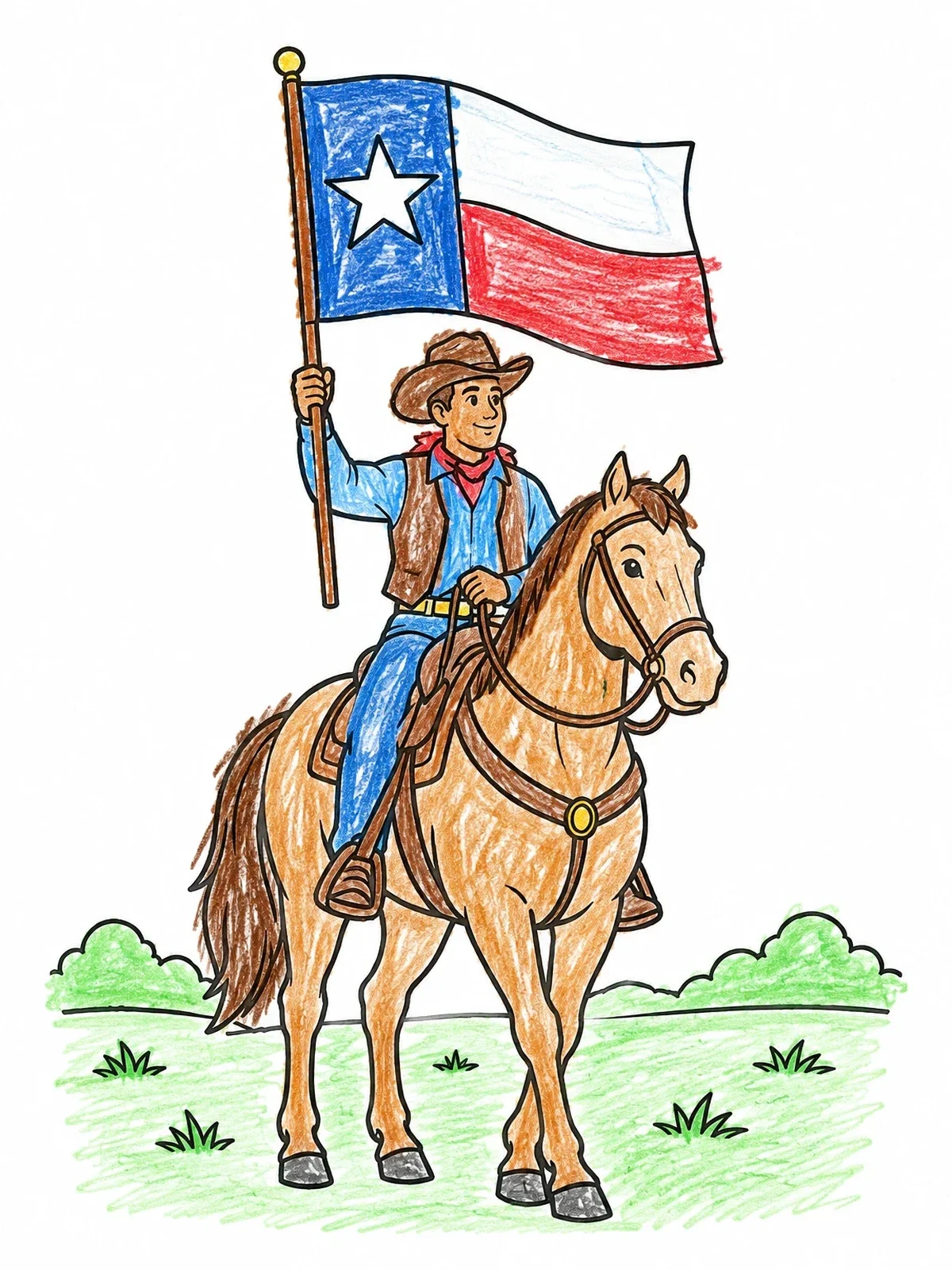Colored example of the Texas Cowboy Riding On Horseback With Flag coloring page