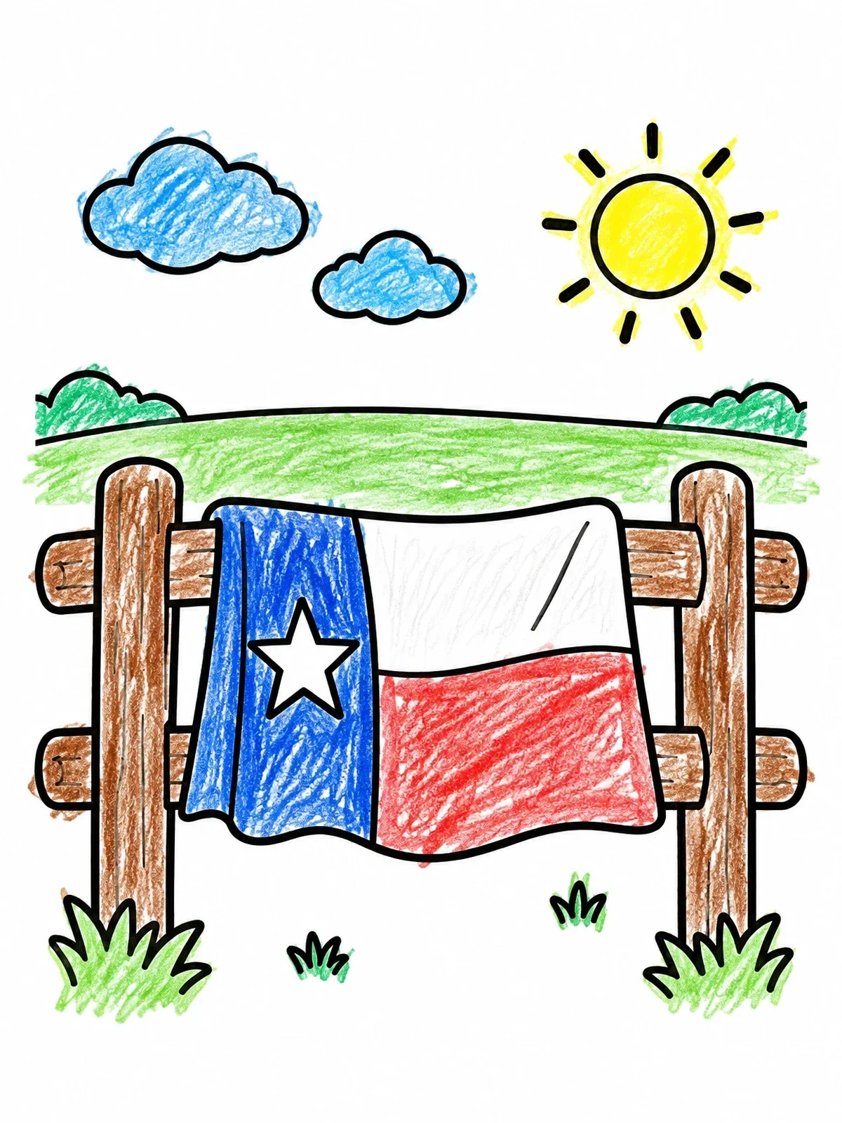 Colored example of the Texas Flag On Country Fence coloring page