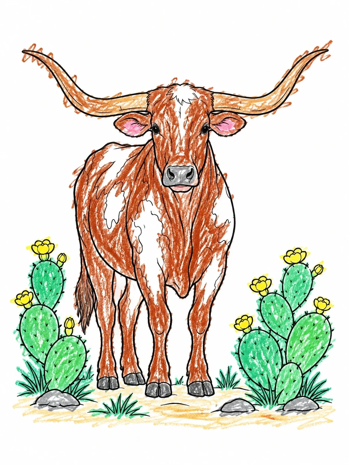 Colored example of the Texas Longhorn Bull With Cacti coloring page