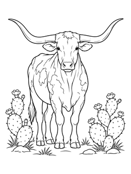 A detailed bull coloring page featuring a majestic Texas longhorn standing between blooming prickly pear cacti.